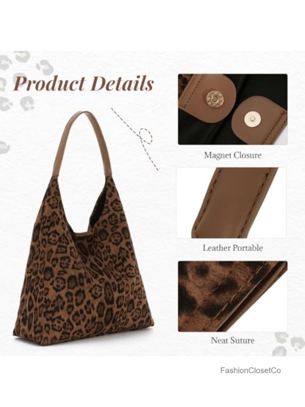 Vintage Leopard Hobo Purse Bag - Women's Canvas Shoulder Tote Handbag - Picture 3 of 6